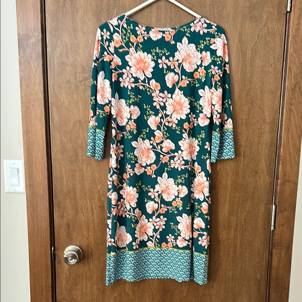 Wisp Floral Green Sheath Dress with Pink Blossoms